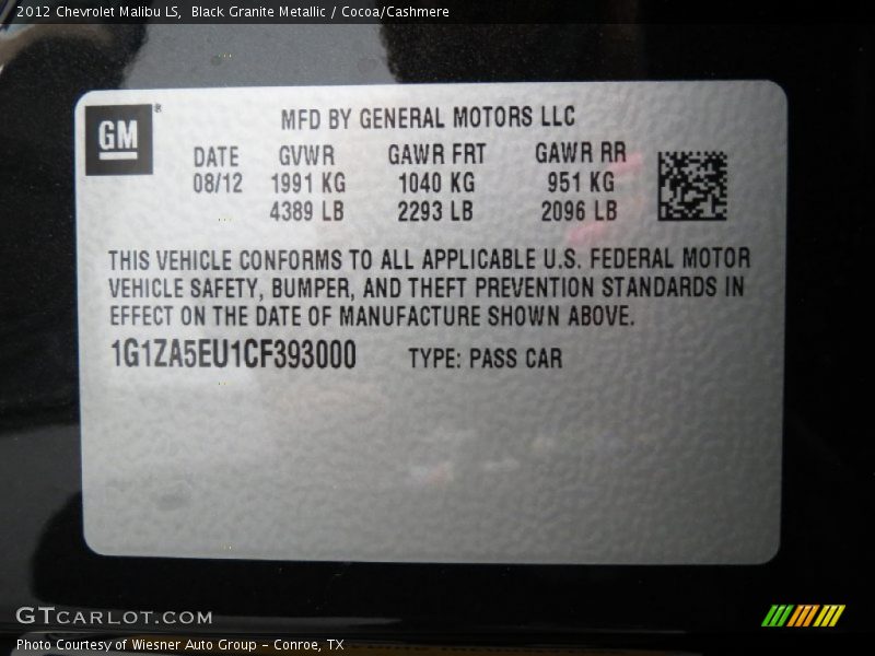 Black Granite Metallic / Cocoa/Cashmere 2012 Chevrolet Malibu LS