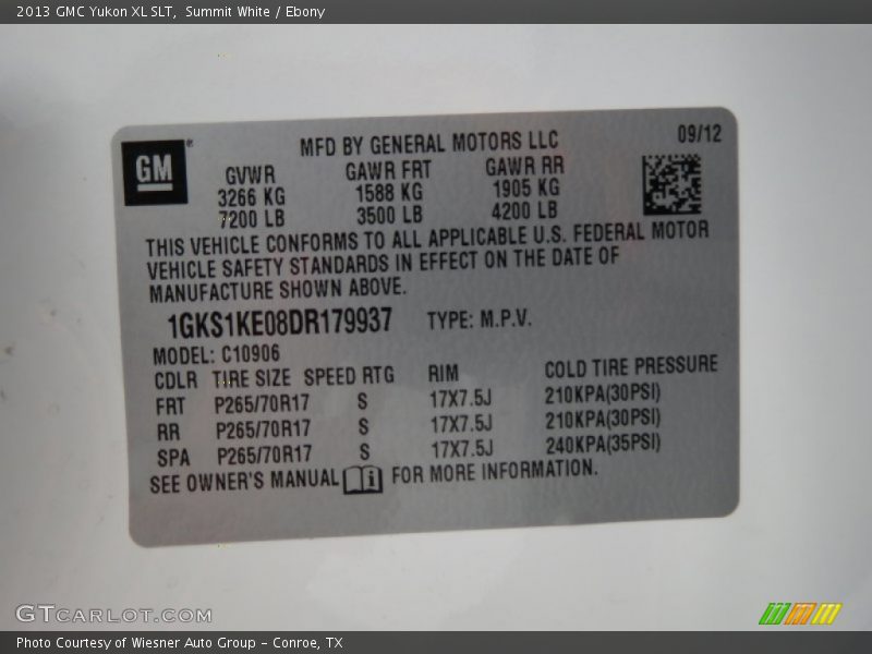 Info Tag of 2013 Yukon XL SLT