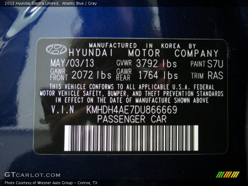 Atlantic Blue / Gray 2013 Hyundai Elantra Limited