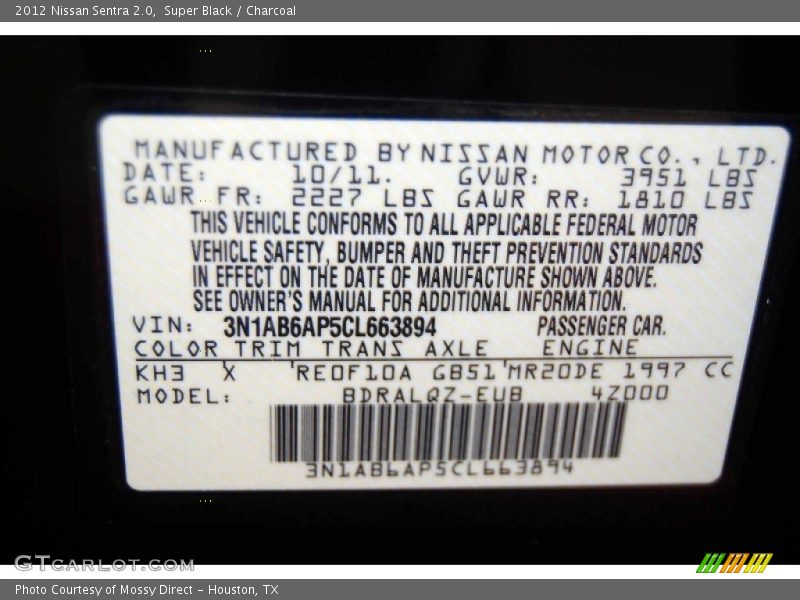 Super Black / Charcoal 2012 Nissan Sentra 2.0