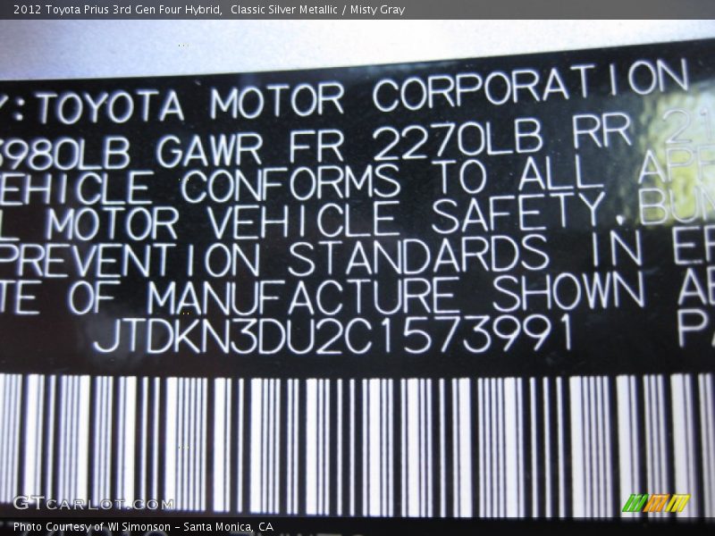 Classic Silver Metallic / Misty Gray 2012 Toyota Prius 3rd Gen Four Hybrid