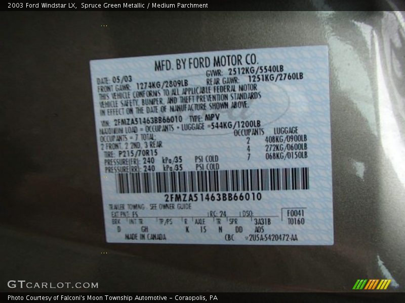 2003 Windstar LX Spruce Green Metallic Color Code FS
