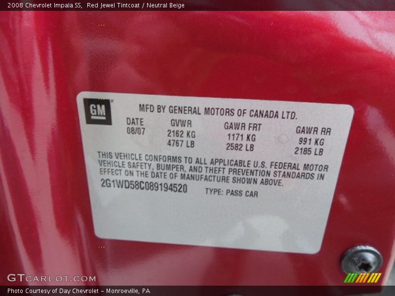 Red Jewel Tintcoat / Neutral Beige 2008 Chevrolet Impala SS