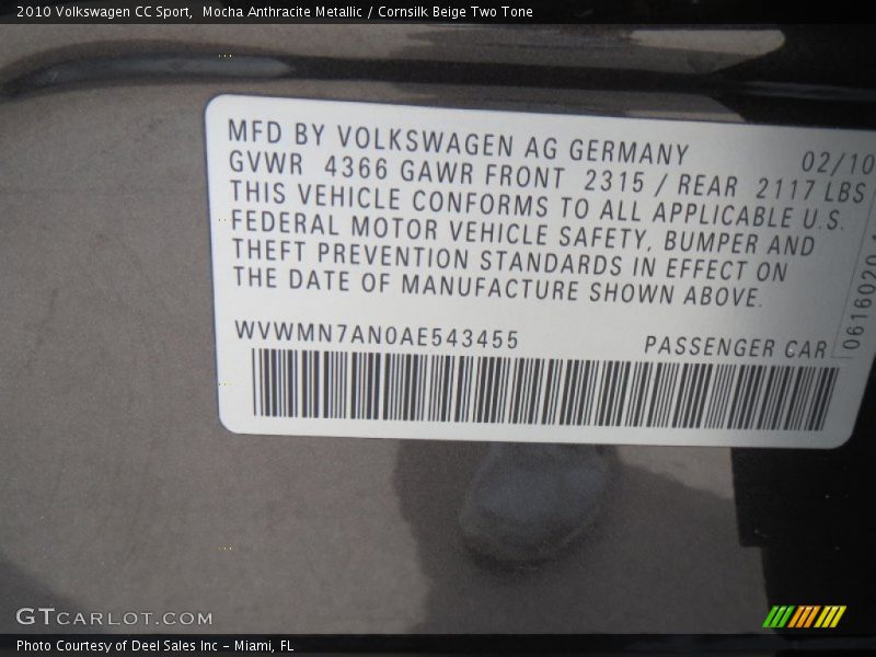 Mocha Anthracite Metallic / Cornsilk Beige Two Tone 2010 Volkswagen CC Sport