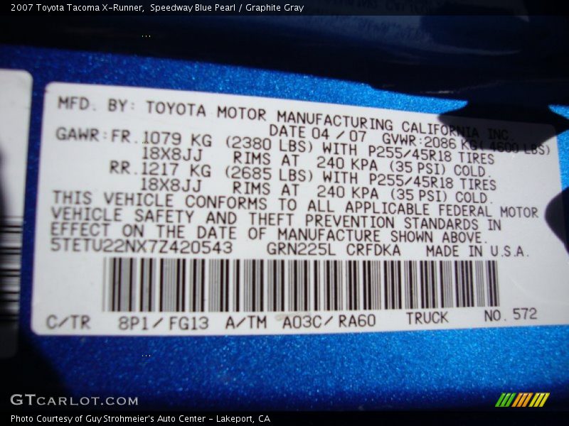 Speedway Blue Pearl / Graphite Gray 2007 Toyota Tacoma X-Runner