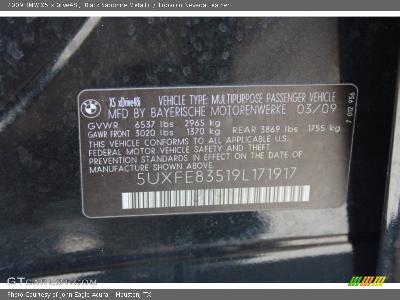 Black Sapphire Metallic / Tobacco Nevada Leather 2009 BMW X5 xDrive48i