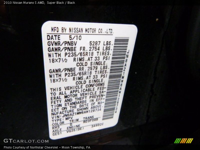 Super Black / Black 2010 Nissan Murano S AWD