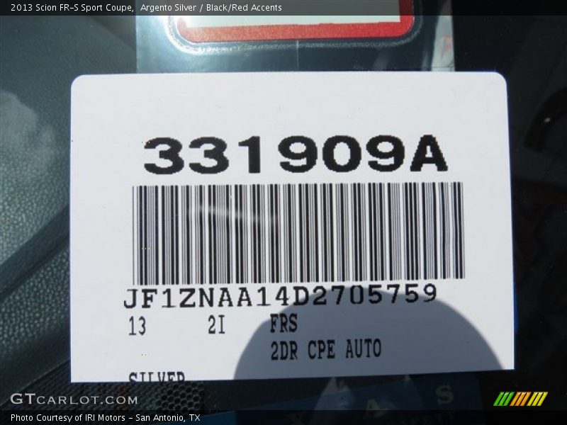 Argento Silver / Black/Red Accents 2013 Scion FR-S Sport Coupe