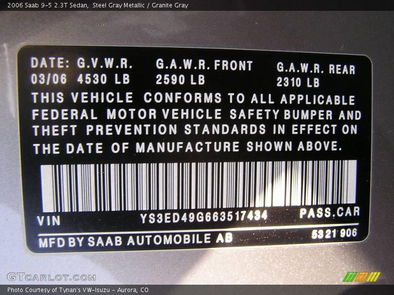 Steel Gray Metallic / Granite Gray 2006 Saab 9-5 2.3T Sedan