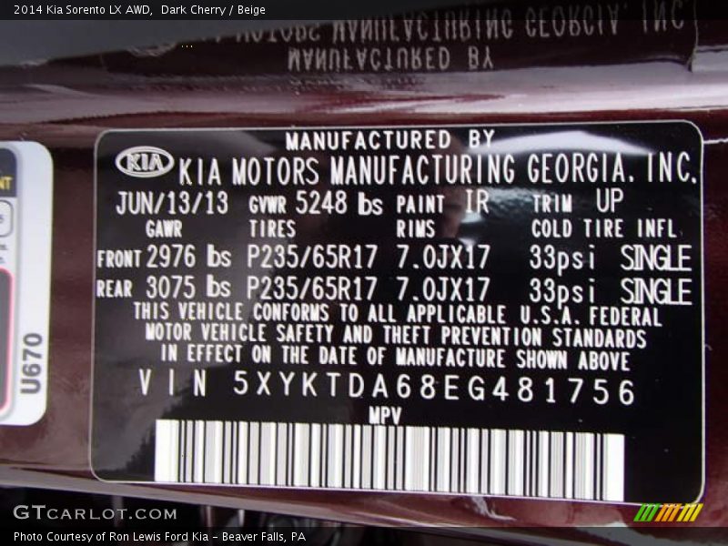2014 Sorento LX AWD Dark Cherry Color Code IR