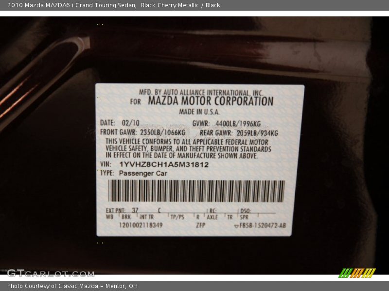 Black Cherry Metallic / Black 2010 Mazda MAZDA6 i Grand Touring Sedan