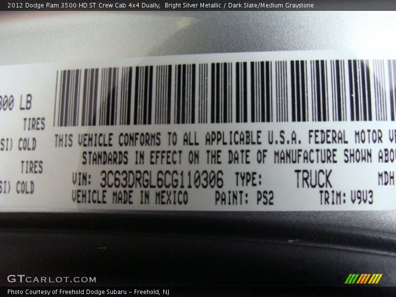 Bright Silver Metallic / Dark Slate/Medium Graystone 2012 Dodge Ram 3500 HD ST Crew Cab 4x4 Dually