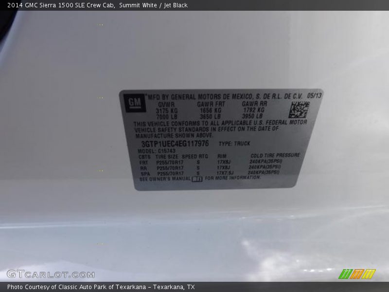 Info Tag of 2014 Sierra 1500 SLE Crew Cab
