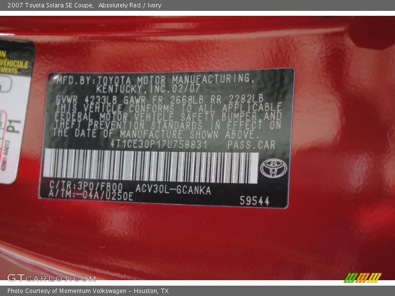 Absolutely Red / Ivory 2007 Toyota Solara SE Coupe