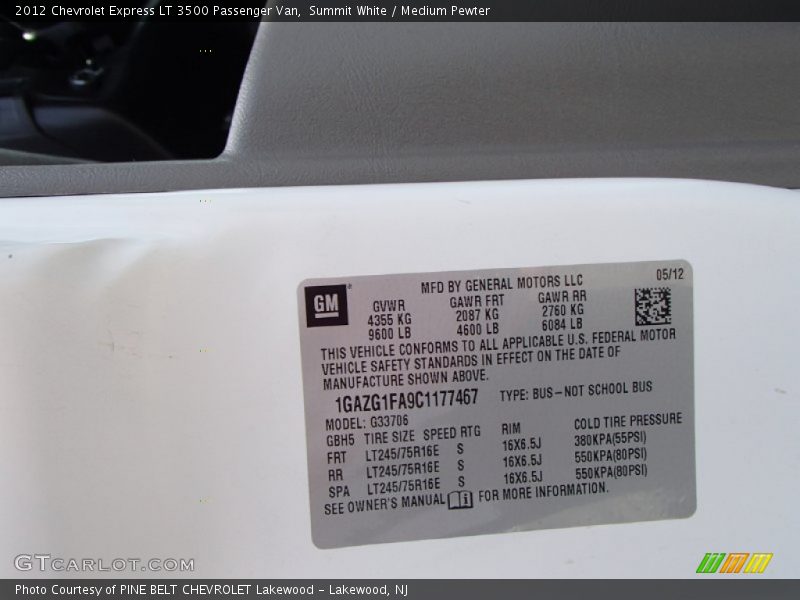 Info Tag of 2012 Express LT 3500 Passenger Van