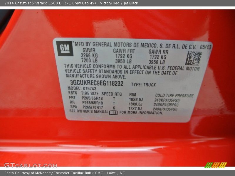 Info Tag of 2014 Silverado 1500 LT Z71 Crew Cab 4x4