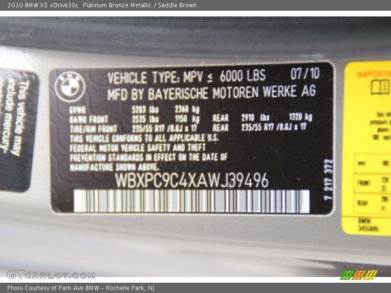 Platinum Bronze Metallic / Saddle Brown 2010 BMW X3 xDrive30i