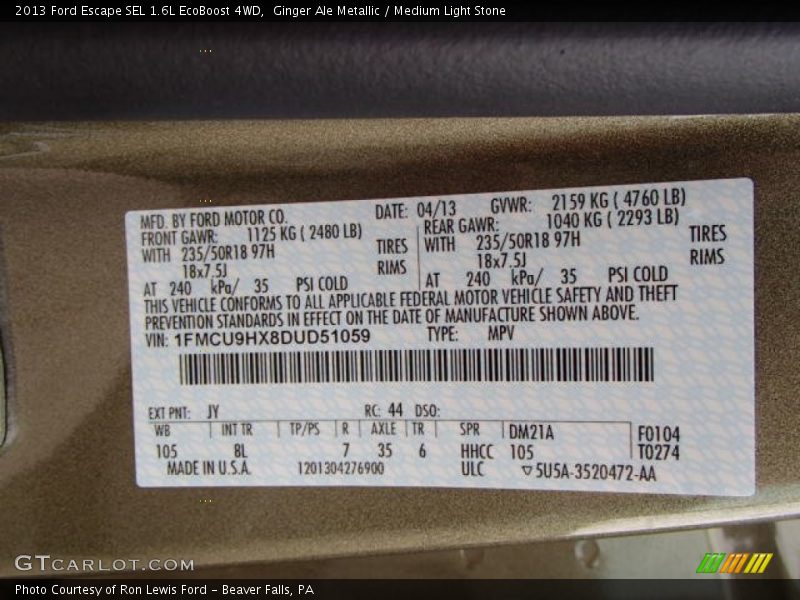 Ginger Ale Metallic / Medium Light Stone 2013 Ford Escape SEL 1.6L EcoBoost 4WD