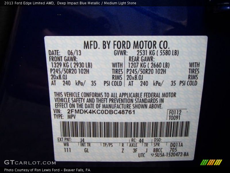 Deep Impact Blue Metallic / Medium Light Stone 2013 Ford Edge Limited AWD