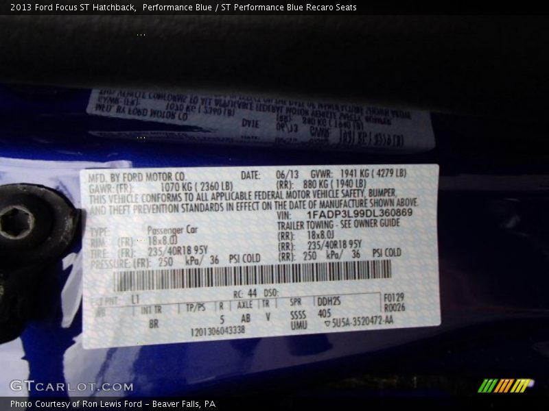 2013 Focus ST Hatchback Performance Blue Color Code L1
