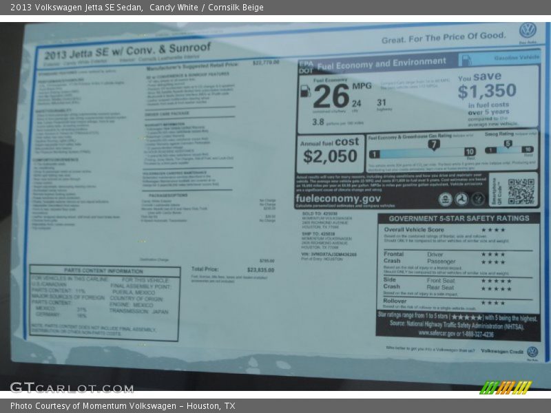 Candy White / Cornsilk Beige 2013 Volkswagen Jetta SE Sedan