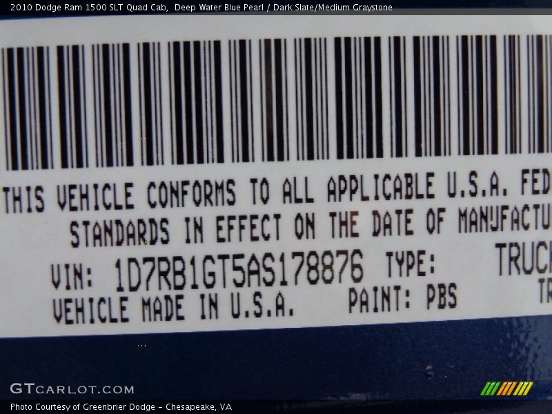 Deep Water Blue Pearl / Dark Slate/Medium Graystone 2010 Dodge Ram 1500 SLT Quad Cab