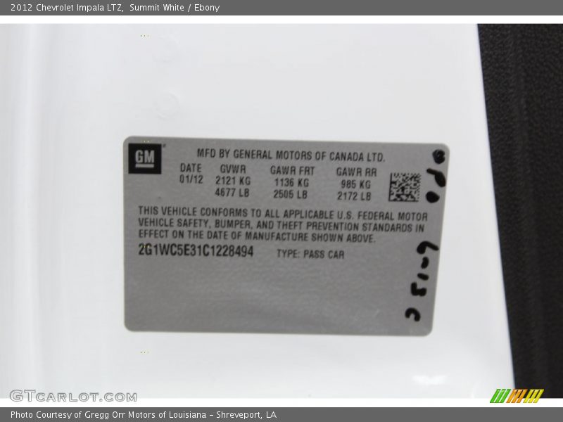 Summit White / Ebony 2012 Chevrolet Impala LTZ
