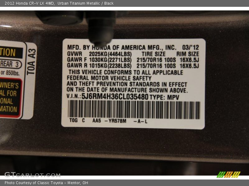 Urban Titanium Metallic / Black 2012 Honda CR-V LX 4WD