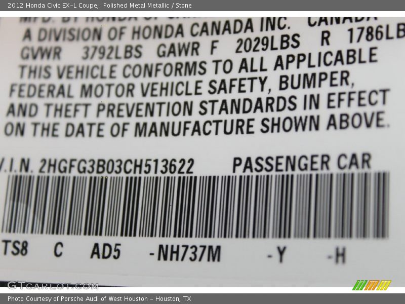 2012 Civic EX-L Coupe Polished Metal Metallic Color Code NH737M
