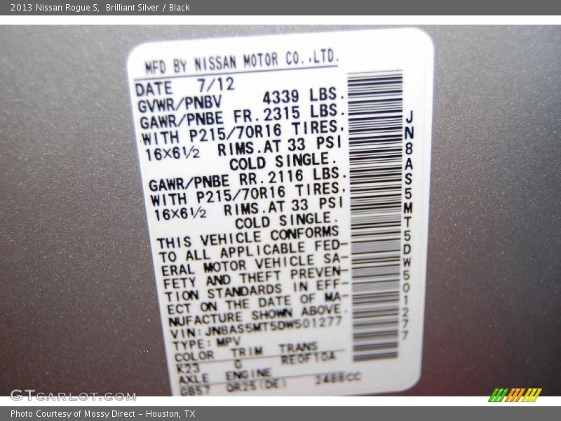 Brilliant Silver / Black 2013 Nissan Rogue S