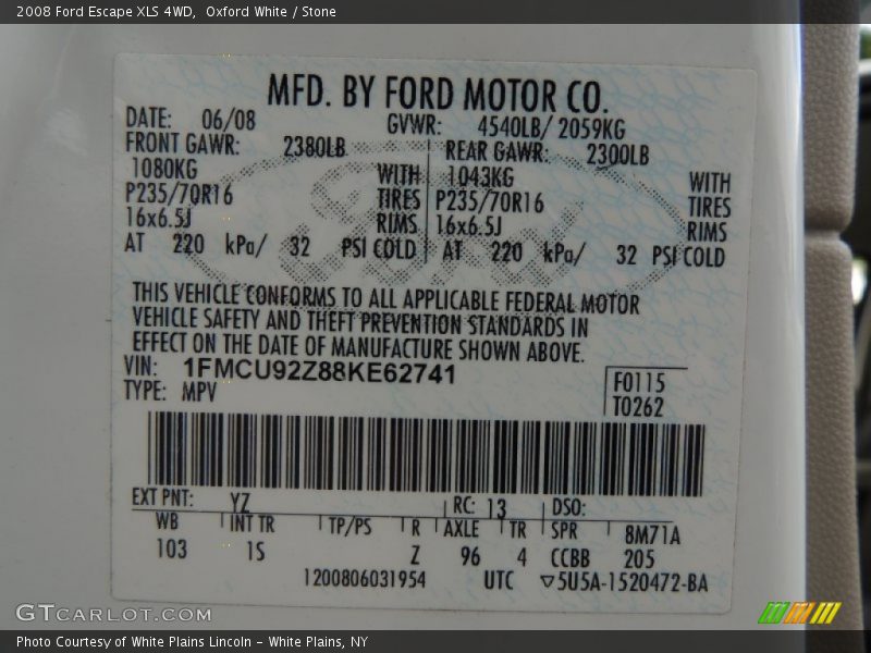 2008 Escape XLS 4WD Oxford White Color Code YZ