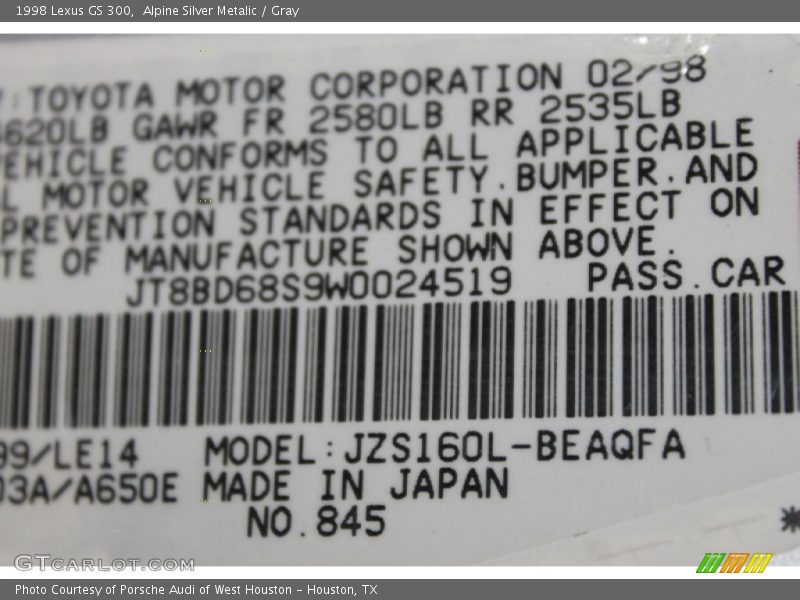 Alpine Silver Metalic / Gray 1998 Lexus GS 300