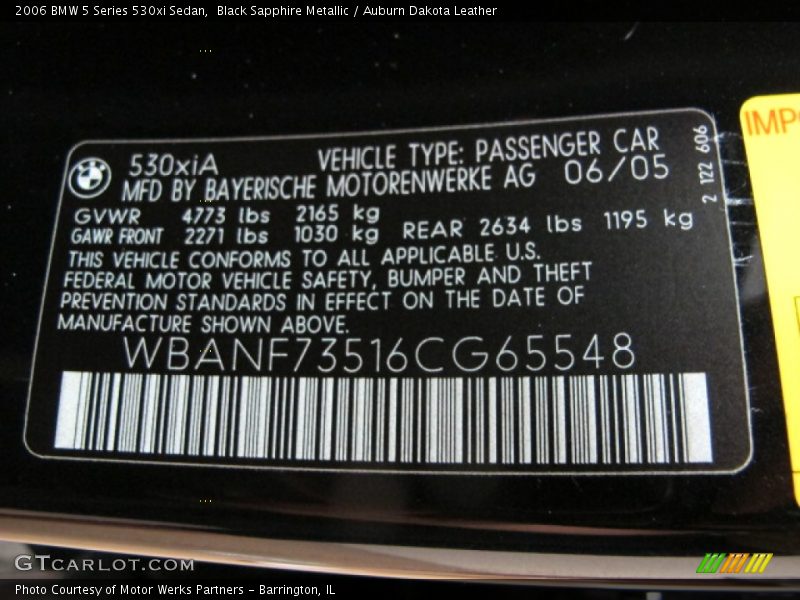 Black Sapphire Metallic / Auburn Dakota Leather 2006 BMW 5 Series 530xi Sedan