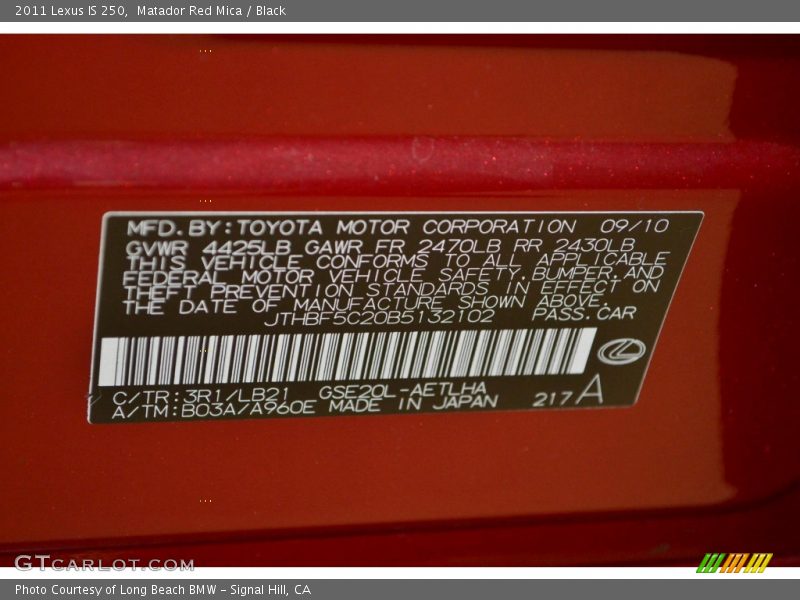 Matador Red Mica / Black 2011 Lexus IS 250