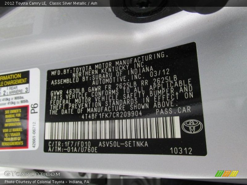 Classic Silver Metallic / Ash 2012 Toyota Camry LE