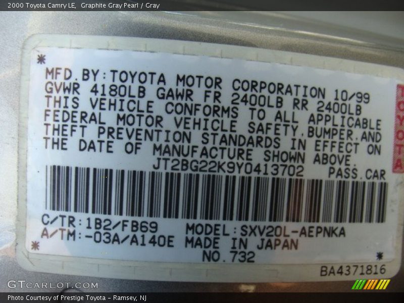 Graphite Gray Pearl / Gray 2000 Toyota Camry LE