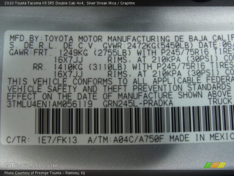Silver Streak Mica / Graphite 2010 Toyota Tacoma V6 SR5 Double Cab 4x4