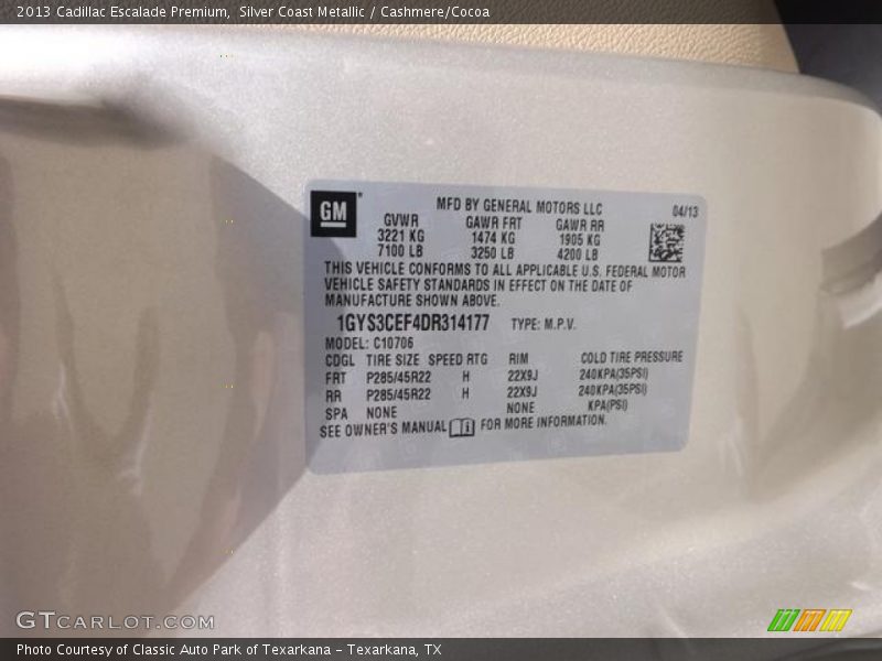 Info Tag of 2013 Escalade Premium
