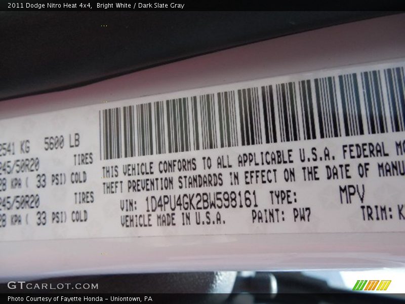 2011 Nitro Heat 4x4 Bright White Color Code PW7