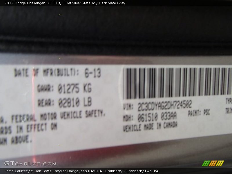 Billet Silver Metallic / Dark Slate Gray 2013 Dodge Challenger SXT Plus
