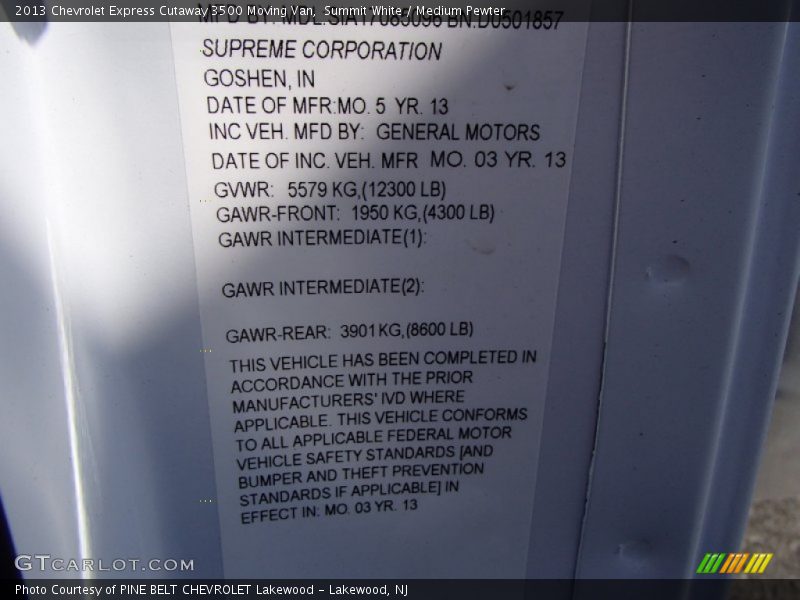 Info Tag of 2013 Express Cutaway 3500 Moving Van