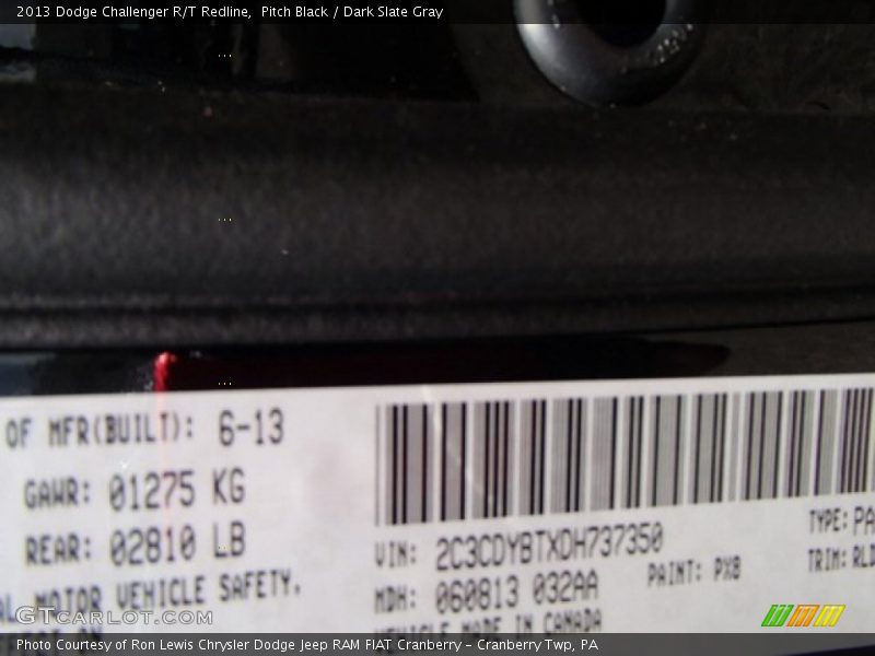 Pitch Black / Dark Slate Gray 2013 Dodge Challenger R/T Redline
