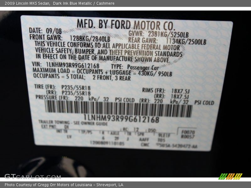 Dark Ink Blue Metallic / Cashmere 2009 Lincoln MKS Sedan