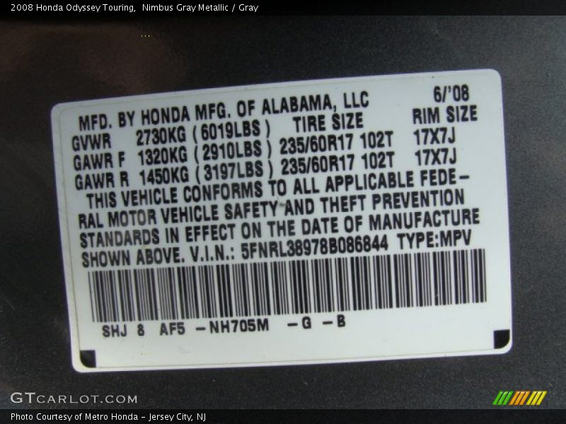 Nimbus Gray Metallic / Gray 2008 Honda Odyssey Touring