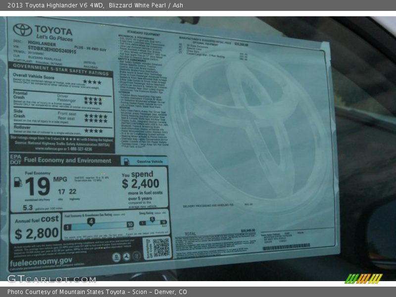 Blizzard White Pearl / Ash 2013 Toyota Highlander V6 4WD