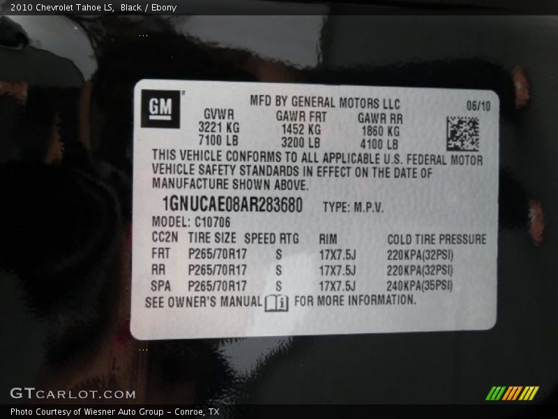 Info Tag of 2010 Tahoe LS