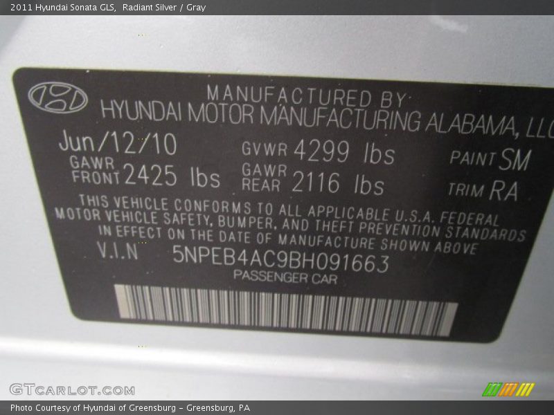 Radiant Silver / Gray 2011 Hyundai Sonata GLS