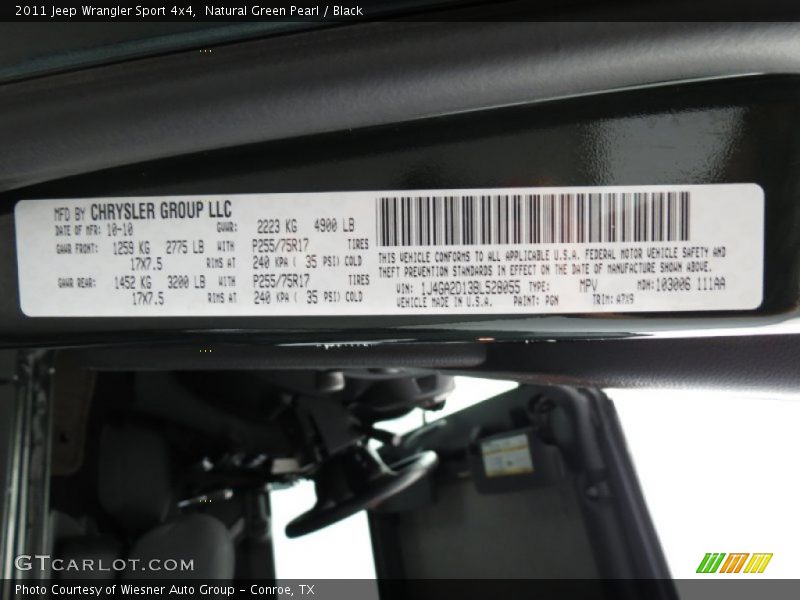 Natural Green Pearl / Black 2011 Jeep Wrangler Sport 4x4