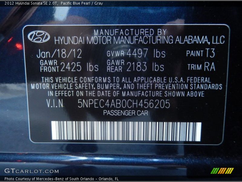 Pacific Blue Pearl / Gray 2012 Hyundai Sonata SE 2.0T