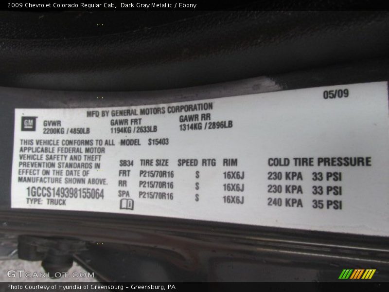 Dark Gray Metallic / Ebony 2009 Chevrolet Colorado Regular Cab